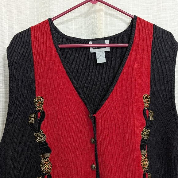 Vintage Maggie Barnes Knit Sweater Vest 2x Black & Red Button Down V-neck - Picture 2 of 9